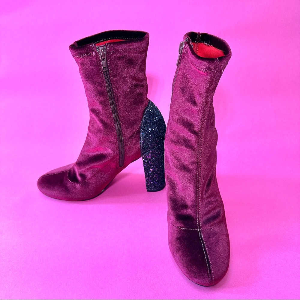 Velvet Block Heel Ankle Boots in Deep Burgundy - Picture 5 of 7